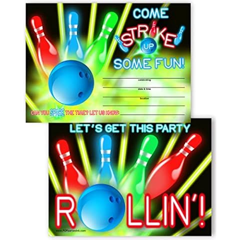 POP parties Ink Bowling Party Invitations - 10 Invitations + 10 Envelopes - Bowling Party Supplies - Bowling Party Decorations - Bowling Invitations - Glow Red Cover