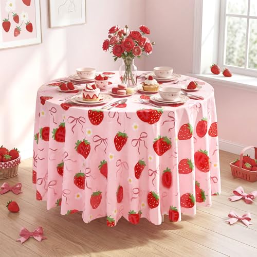 Image of Ganeen 6 Pcs Strawberry Bow Plastic Tablecloth 84 Inch Bow Berry Sweet Round Tablecloths Birthday Decor Disposable Plastic Round Waterproof Table Covers for Weeding Tea Decoration Party Favor