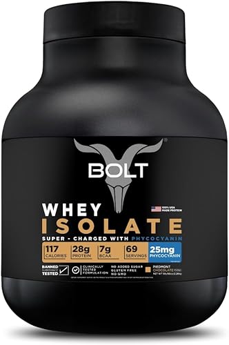 Bolt Whey - Proteína aislada en polvo  con superalimento ficocianina  Fuerza muscular y salud ósea  0.99 oz de proteína por porción  5 libras, 69