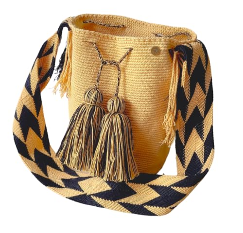 TERRA FUSION Bolso Wayuu hecho a mano | Bolsa Cubo liso | Bolsa ética | Amarillo pálido y negro, Negro