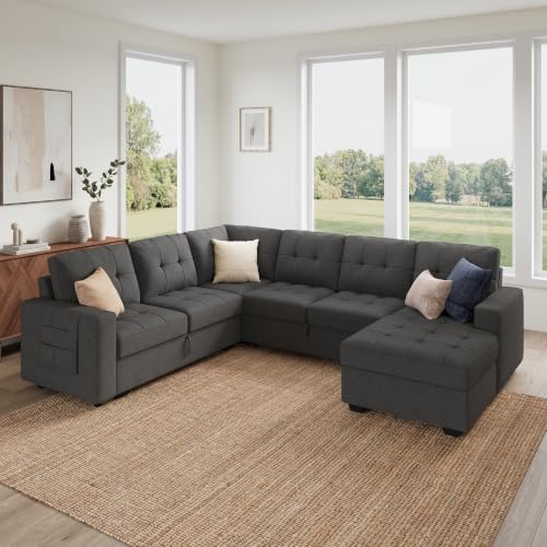 Image of HONBAY Modular Sectional Sleeper Sofa with Pull Out Bed, U Shaped Sleeper Couches with Storage Chaise, 114'' Sleeper Sectional Sofas for Living Room, Apartment (Dark Grey)