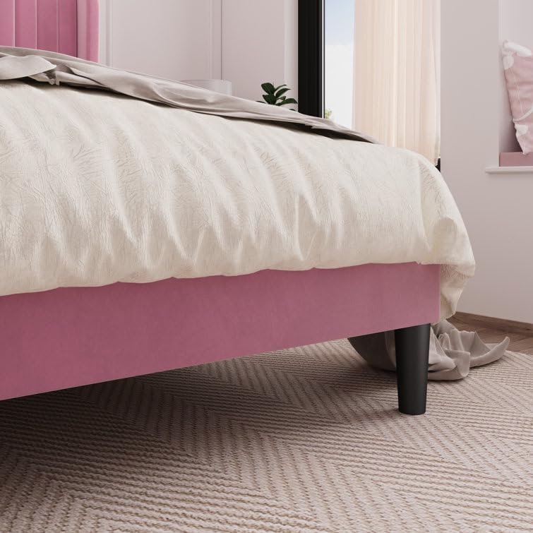 Image of HITHOS Solid Wood Modern Upholstered Queen Size Bed | Wooden Double Bed Cot Palang Furture Without Storage | Wingback Headboard (Pink)