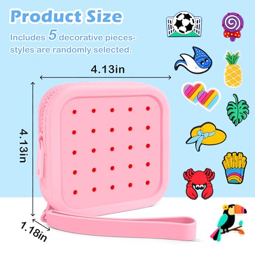 Small Silicone Pouch for Purse – Portable Organizer Bag, Mini Cosmetic Bag Holds Lipsticks, Coins, Travel Accessories, Zipper Pouch, Small Makeup Bag With 5 Charms(Pink)2