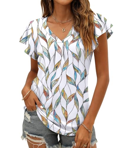 Women's Summer Tops Ruffle Sleeve V Neck Cute Tunic Shirts Business Casual Flowy Blouses for Women