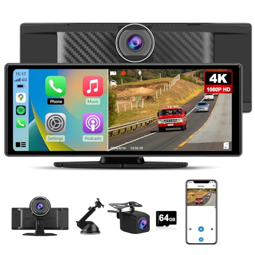 10.26' Carplay Screen for Car Portable, Carplay & Android Auto Car Stereo, Touchscreen GPS Navigation 4K Dash Cam/1080P Backup Camera/Mirror Link/Bluetooth/Voice Control