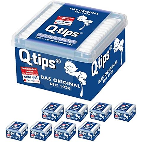 Q-tips® Pflege-Wattestäbchen mit Papierschaft, Würfelbox, Vorteilspack (9x 206 Stück), 100% biologisch abbaubar, Baumwolle ohne Plastik, Reinigung der Ohren, Abschminken und Korrektur von Makeup Cover