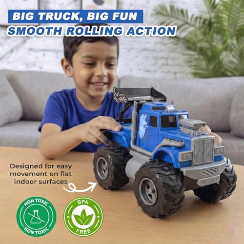 Image of Kidology Monster Truck City Service Friction Car Toy | Push & Go All-Terrain Off-Road Vehicle with Flashing Lights & Sounds | Heavy-Duty Big Wheel Action Toy for Kids (Blue)
