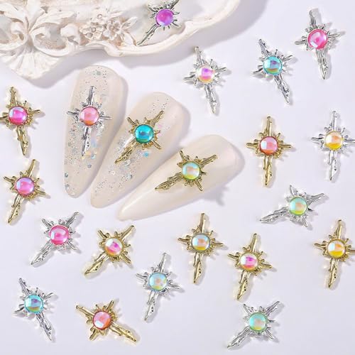 Cross Nail Charms With Pearl - Gothic 3D Pearl Nail Charms - Punk Art Rhinestones Supplies (Colourful Cross)