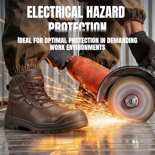 Image of NINGO Steel Toe Work Boots for Men, Non Slip & Puncture Resistant Construction Boots with Breathable Lining, EH Protection, Comfortable Mens Safety Leather Work Shoes for Industrial, Walking Warehouse