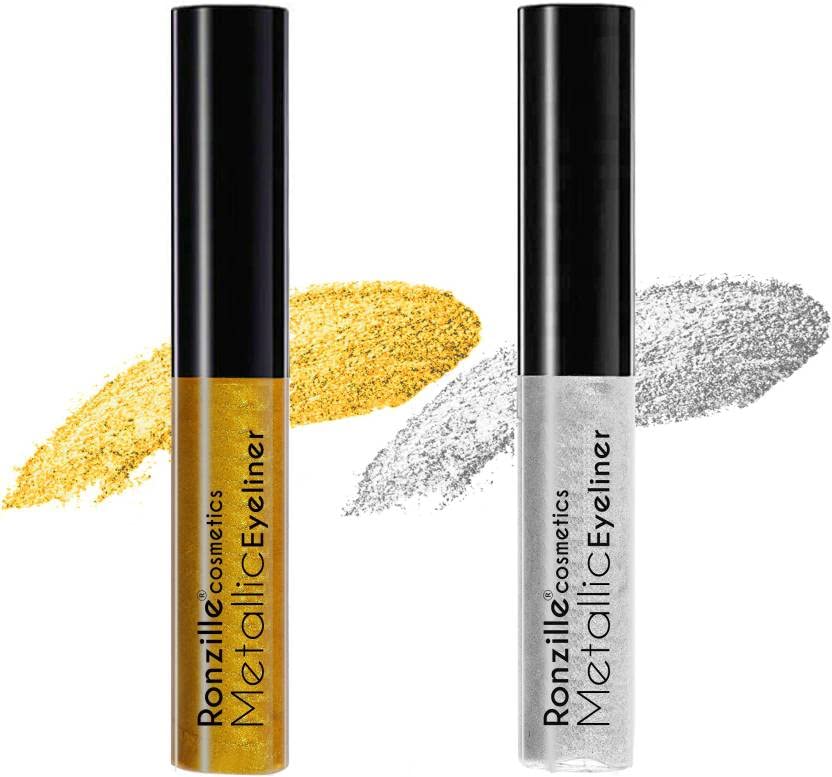 RONZILLE Combo of 2 Waterproof shimmer Metallic Glitter Eyeliner ( Silver,Gold) 10 ml (Silver, Gold)