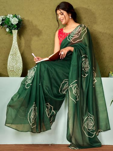 Image of Satrani Women's Chanderi Cotton Printed Ready To Wear One Minute Pre Pleated Readymade Saree with Unstitched Blouse Piece
