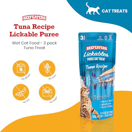 Beefeaters Cat Treats Tuna Recipe Lickable Puree 1.59oz (12-Pack) – Tuna, Grain-Free, Taurine-Enriched, Ideal for Training & Interactive Feeding