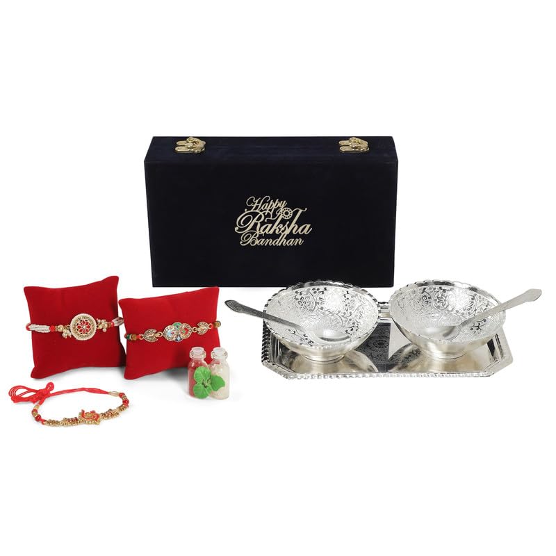 INTERNATIONAL GIFT German Silver Round Bowl Spoon Tray Or Carry Bag with Happy Raksha Bandhan Customized Box with Luxury Velvet Box Packing Used for Dry Fruit, Sweets, Snacks and Return Gifts
