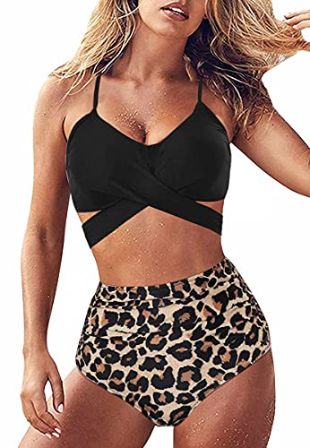 JFAN Bikini para Mujer Push Up Brasileños Bañador de Fruncido Traje de Baño de Cintura Alta Atar en la Espalda Leopardo,L