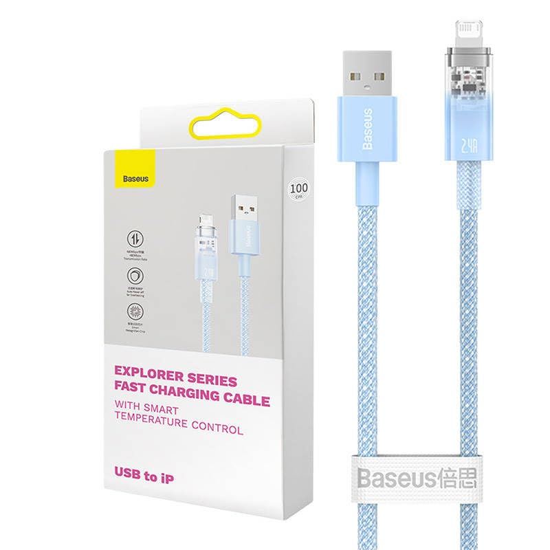 Baseus Explorer Serisi Hızlı Şarj Kablosu Akıllı Sıcaklık Kontrolü USB to iP 2.4A, 2m, Mavi