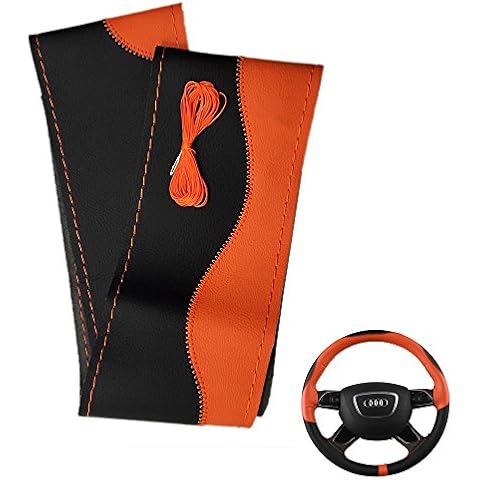 Rayauto 15" 38cm Universal Mcrofiber Leather Car Steering Wheel Cover Stitching Style Black with Orange Cover