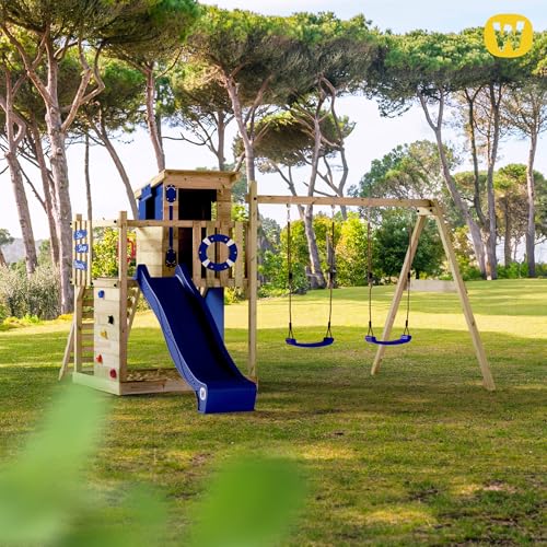 Wickey Spielturm Klettergerüst Smart Camp mit Schaukel & anthraziter Rutsche, Outdoor Kinder Kletterturm mit Sandkasten, Leiter & Spiel-Zubehör für den Garten