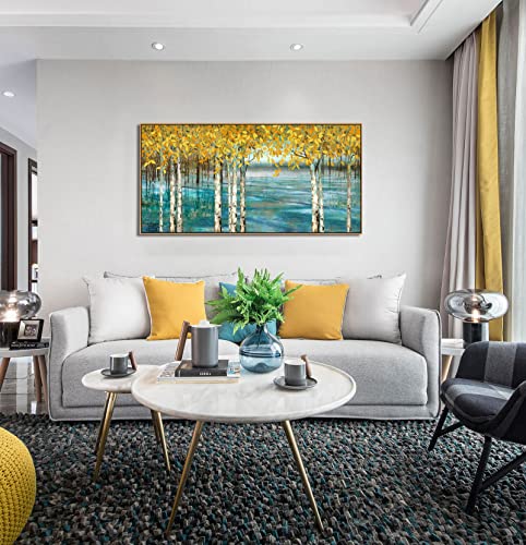 Large-Living-Room-Wall-Decor-Abstract-Canvas-Wall-Art-Yellow-Trees-White-Birch-Green-Lake-Landscape-Painting-Picture-Giclee-Bedroom-Wall-Decoration-Ready-to-Hang-24x48-Attached-Peripheral-Frame