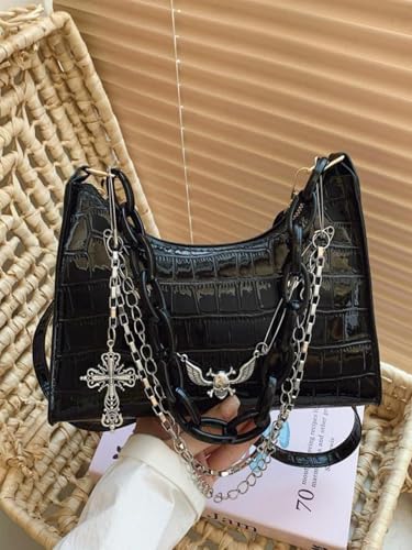 QWINEE Women's Y2k Purse Punk Goth Faux Leather Shoulder Bag Cross Chain Hobo Handbag4