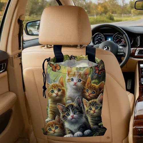 Image of Cute Cats with Butterfly Car Trash Bag, Hanging Drawstring Car Garbage Bag,Canvas Car Back Seat Organizer with Adjustable Buckle for Men and Women