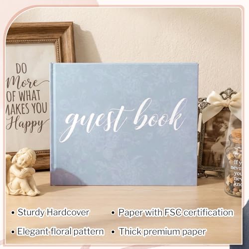Image of Engrowtic 7 x 9 Inch Floral Guest Book with Pen, Hardcover, Blue