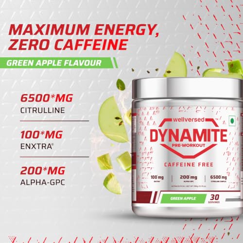 Image of Dynamite Caffeine Free Pre Workout For Men (30 Serving, Green Apple) | Stim Free | No Caffeine | 200mg Alpha GPC | 650mg Citrulline Complex | Ideal For Beginners | Pre Workout - 390g