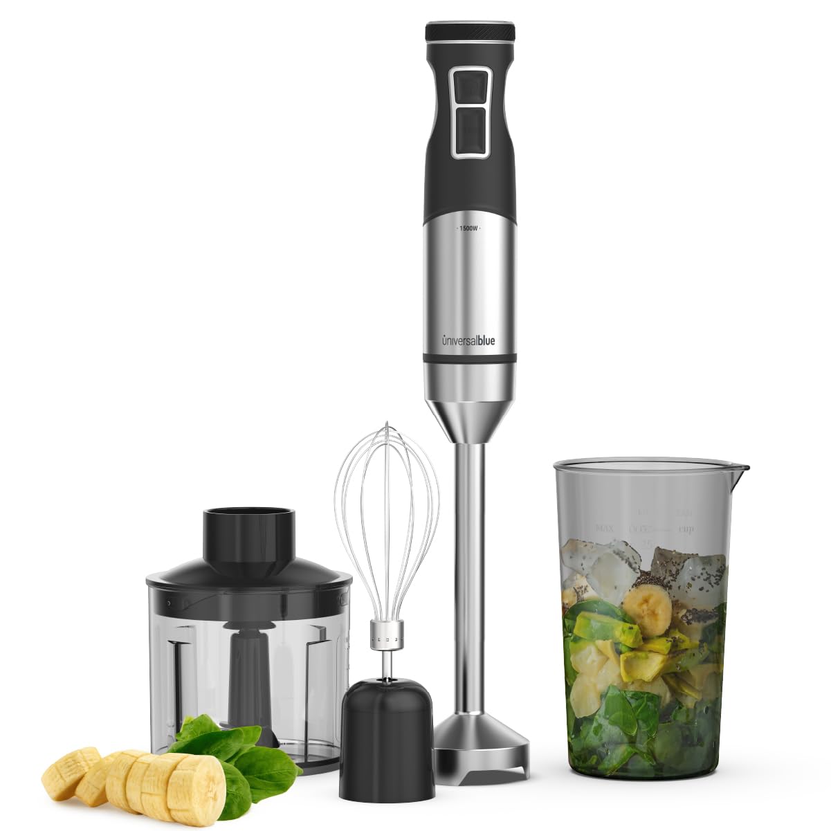 UNIVERSALBLUE Batidora de Mano Potente 1500W Motor DC, Turbo, 9 Velocidades – Accesorios Picador, Vaso, Batidor y Cuchillas de Acero Inoxidable – Pica y Tritura Hielo, Ergonómica y Fácil de Limpiar