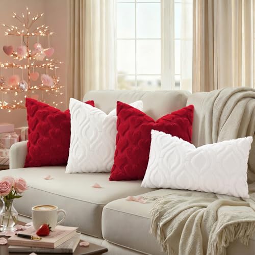 Image of decorUhome Valentine's Day Soft Plush Throw Pillow Covers 18x18 Inch Set of 2, Faux Fur Red Heart Decoration Neutral Square Pillow Covers for Couch Sofa Bed Cozy Farmhouse Holiday Decor