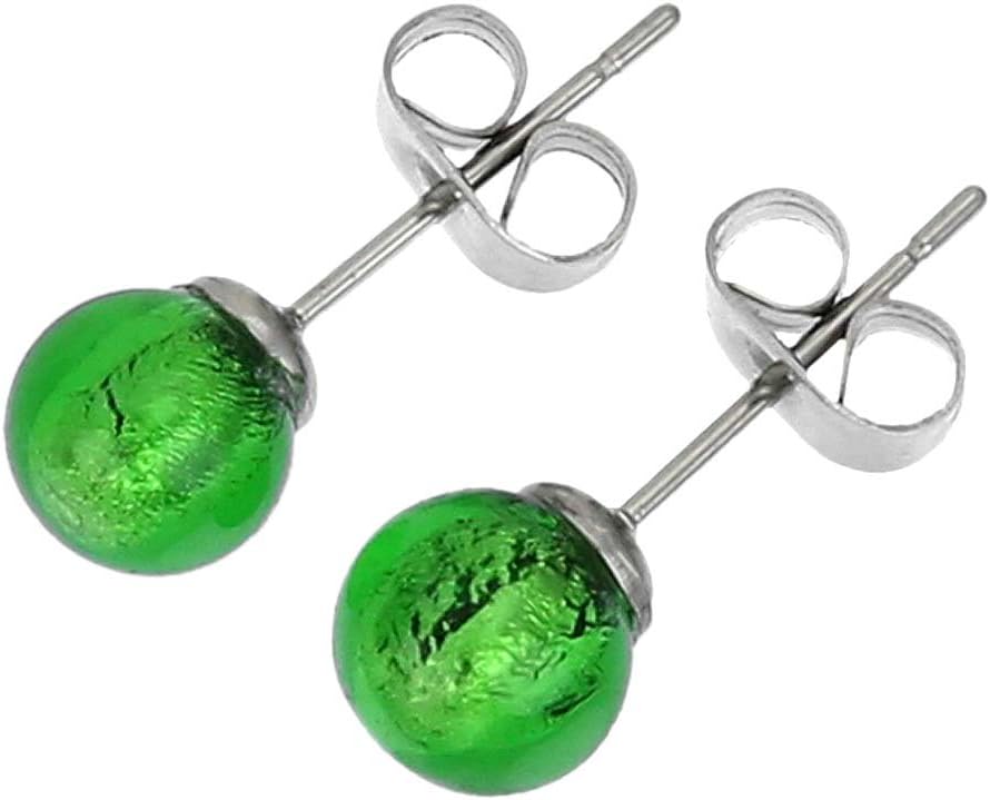 Glass Of Venice Murano Glass Tiny Stud Earrings - Green Ball Shaped Studs for Women, Diameter under 1/4 Inch, Handmade in Venice, Italy