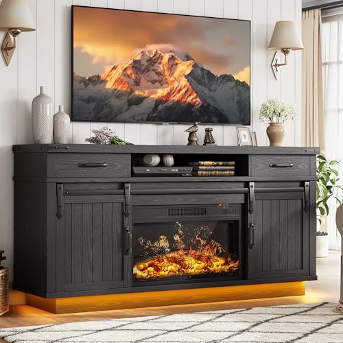 59'' Fireplace TV Stand with 3D Flame Electric Fireplace Heater, 34'' Tall Farmhouse TV Stand for 65 Inch TV, Entertainment Center TV Console with 2 Drawers, Sliding Barn Door for Living Room - Black