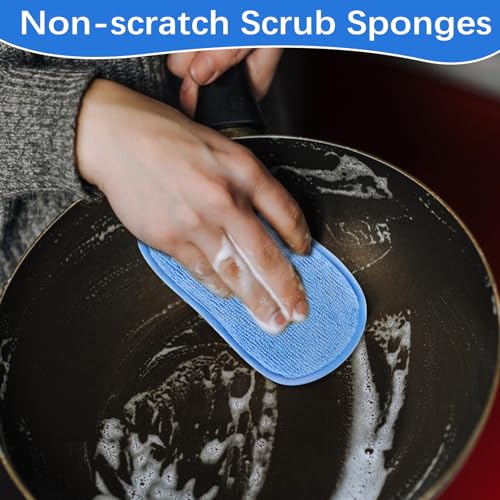 Image of 6 Pack Dual-Sided Sponges Kitchen, Non Scratch Microfiber Dish Sponge All Purpose Dish Washing Scrubber for Cleaning Non-Stick Cookware Dishes Kitchen Pots Pans Sink Household(Blue)