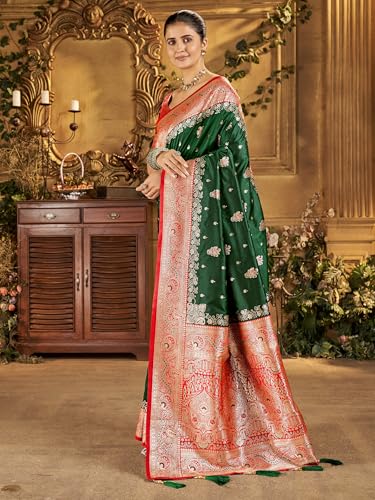 Image of Mehrang Women's Banarasi Silk Kanjivaram Saree For Wedding With Pure Zari Work, Woven Design, With Unstitched Blouse Piece