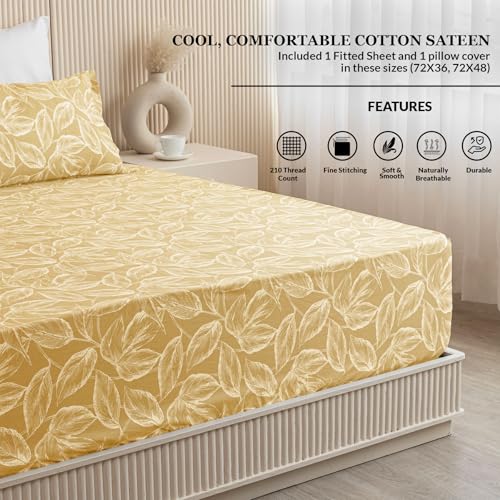 Image of HOMEMONDE Cotton 210 TC Fitted Sheet Leaf Printed Single Size Elastic Fitted Bedsheet with 1 Pillow Cover Wrinkle Free Noiseless Bed Sheets - (72 x 36 Inches, Golden) Perfect for Home Decor & Gifting