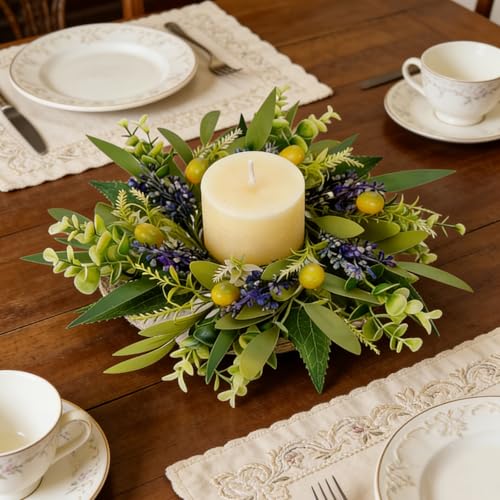 Image of 6 PCS Eucalyptus Olive Candle Rings Wreaths Spring Summer Greenery Kitchen Cabinet Wreaths Mini Green Boxwood Leaves Candle Wreath for Pillars Farmhouse Wedding Celebrations Tabletop Decoration