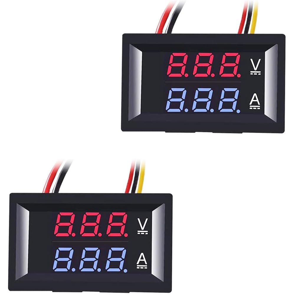 Paquete de 2 voltímetros y amperímetros digitales de 0,28 pulgadas, medidores de voltaje y corriente de 100 V CC y 10 A, con pantalla LED dual azul y roja de 3 bits