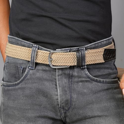 Image of LOUIS STITCH Men's Braided Elastic Stretch Belt with Leather Tipped End Stretchable Canvas Waist Band for Men Women Boys Girls Unisex (Width 3 cm) (BE-EL)