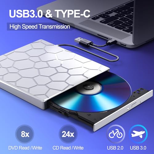 Image of External CD /D1VD Drive for Laptop, DVD Player for Laptop, 8 in 1 USB 3.0 Ultra-Slim Portable (Silver)
