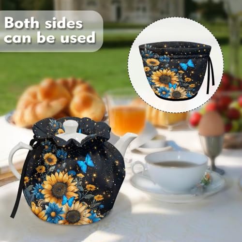 Image of Xoenoiee Blue Butterfly Sunflower Pattern Tea Cozy Tea Pot Cover Insulation Tea Cosy Teapot Dust Cover Teapot Warmer for Home Kitchen Teapot Covers