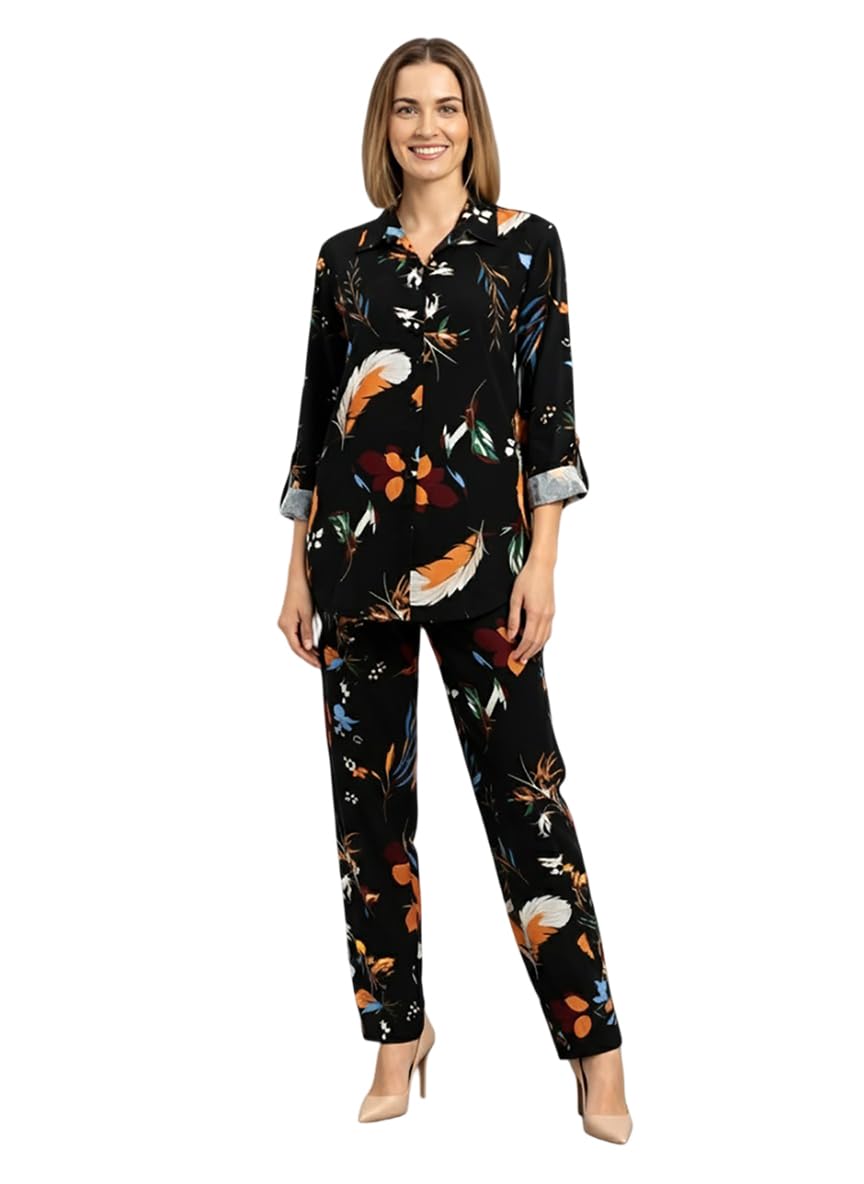 lyra Women’s Floral Printed Rayon Co-ord Set | Slip-On Collar Style Top & Elasticated Waist Pants with Both Side Pockets-picture-36