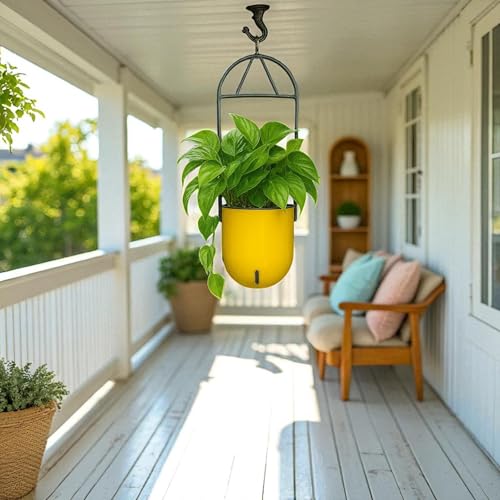 Image of Indian Discovery Self Watering Ceiling Hanging Planter|Hanging /Hooked Flower Pots for Home, Balcony, Terrace, Garden Decor Flower Pots(1 Pcs, Yellow, Sphere)|6 Inch UV-Resistant Plastic Plant Pots
