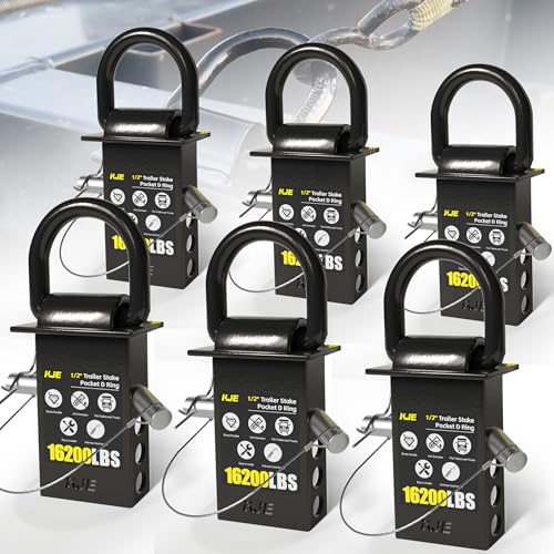 KJE 1/2 Heavy-Duty Stake Pocket D-Ring Anchors |16 200 lbs Breaking Load | Adjustable Tie-Down with Anti-Loss Cord |Reliable Tie-Downs for Flatbed Trucks & Trailers (6-Pack)