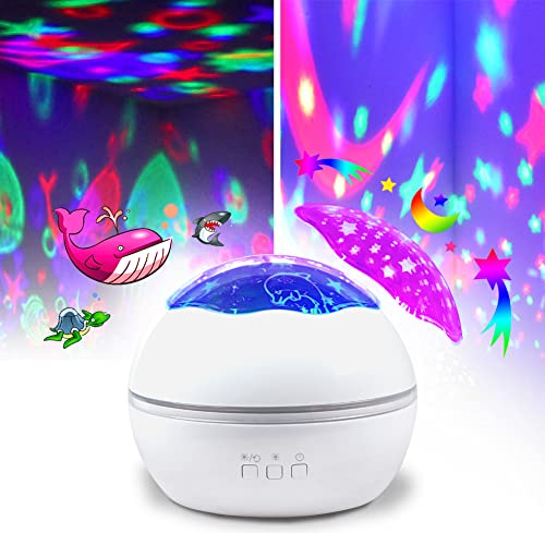 Ocean Projector for Kids,2-in-1 LED Night Light Projector, Star Moon & Night Light Mode, Adjustable Lightness Remote Control Timer with 360° Rotation Night Lights with 8 Lighting Music Speaker,White
