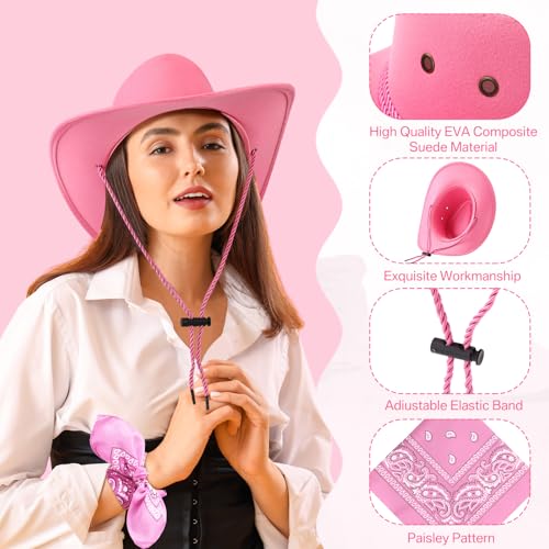 Image of Coume 15 Set Western Cowboy Hat Costume Accessories Paisley Bandanna Cowgirl Hats Bulk for Adult Women Men Dress Party