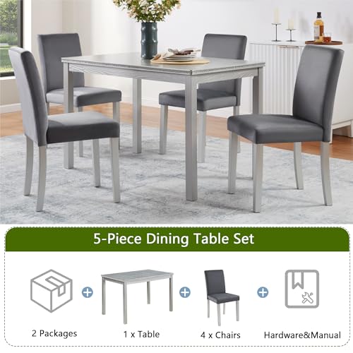 Image of KEIKI 5-Piece Standard Height Dining Table Set with Rectangular Table and 4 Upholstered Chair, for 4 Person, Crystal Decoration Wooden Table Set, Easy Assembly, for Kitchen, Dining Room, Silver Grey