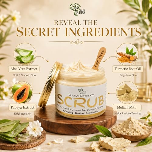 Image of Four Trees Body Scrub for Tan Removal (Multani Mitti) | Body Polish Scrub | Exfoliates with Aloe Vera, Turmeric Root Oil, Papaya Fruit Extract | For Men & Women | 200gm