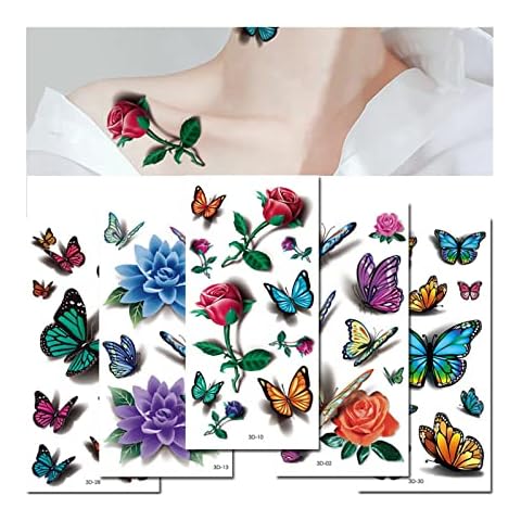 ZITIANY Flowers Temporary Tattoos Stickers, Roses, Butterflies & Multi-Colored Mixed Style Body Art Temporary Tattoos for Women, Girls or Kids, 1 Sheet Cover