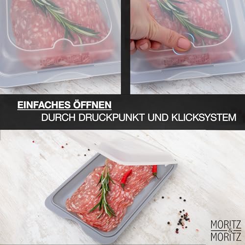 Moritz & Moritz 4er Set Aufschnittbox stapelbar – Frischhaltedosen mit Deckel zur Aufbewahrung von Wurst, Käse, uvm. – inkl. Tafelsticker zum Beschriften 5