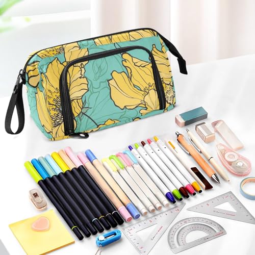 Image of Bolaz Big Capacity Pencil Pen Case Pouch Bag School College Office Organizer for Teens Girls Adults Student-Yellow Flower Pattern