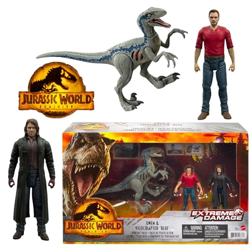 Jurassic World Dominio - Paquete de 3 figuras articuladas Owen y Velociraptor Azul de Peligro Extremo