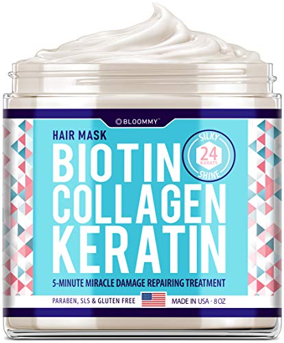 Collagen Hair Mask by Bloommy - Made in USA - Deep Conditioner Infused with Biotin, Collagen, Keratin - Hydrating Hair Treatment for Dry & Damaged Hair - Hair Vitamins for Repair & Nourishment -8 oz